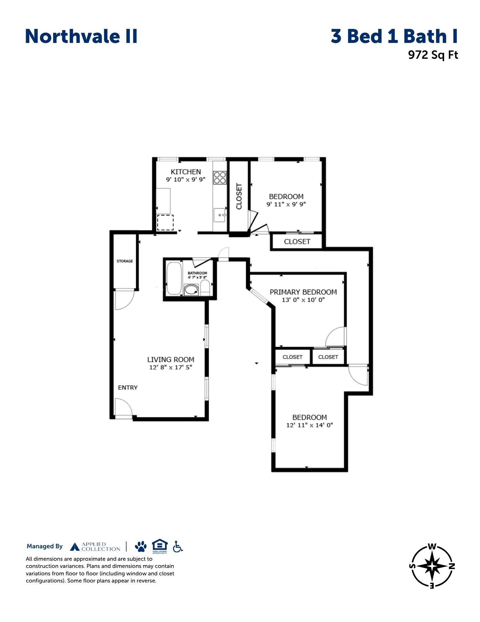 Floor plan for 3 beds, 1 bath, 972 sqft